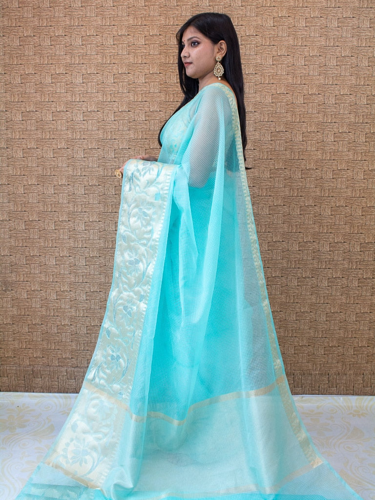 Banarasi Soft Net Saree With Antique Weaving Design-Light Blue