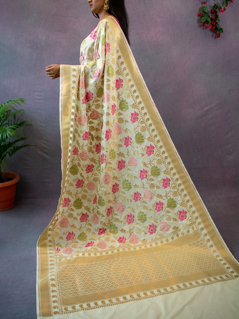 Banarasi Handloom Art Katan Silk Saree With Meena Floral Jaal Weaving-Ivory White