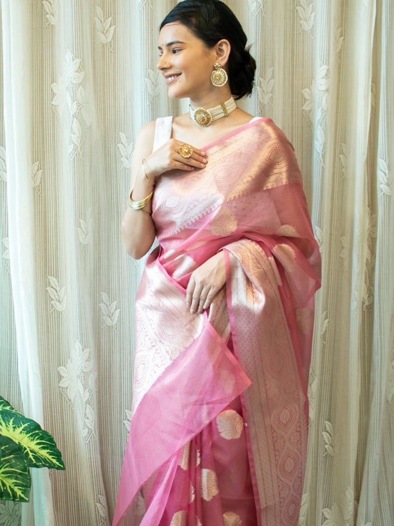 Banarasi organza Buta Saree With Zari Weaving-Pink