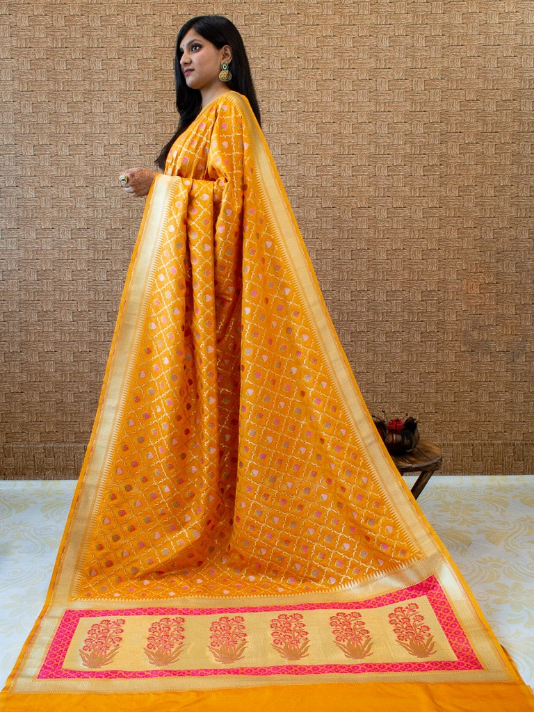 Banarasi Handloom Art Katan Silk Saree With Meena Jaal Weaving-Yellow