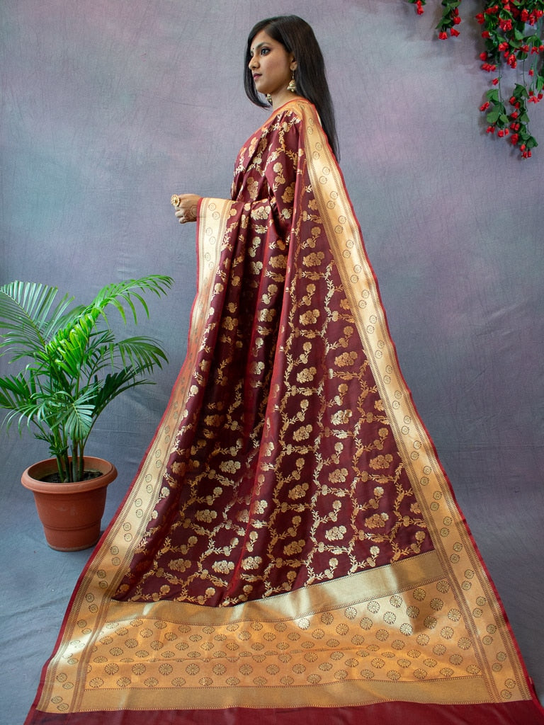 Banarasi Art Katan Silk Saree With Meena Floral Jaal Weaving-Brown