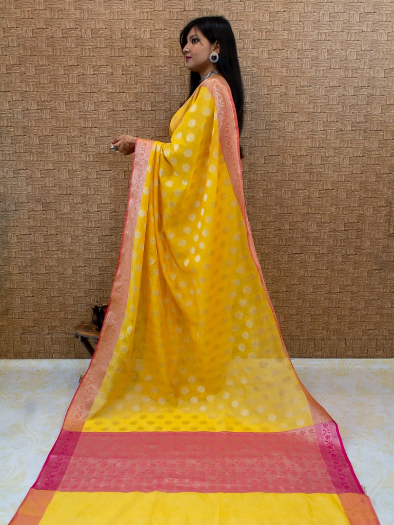 Banarasi Cotton Silk Saree Resham Floral Weaving & Contrast Border-Mustard Yellow