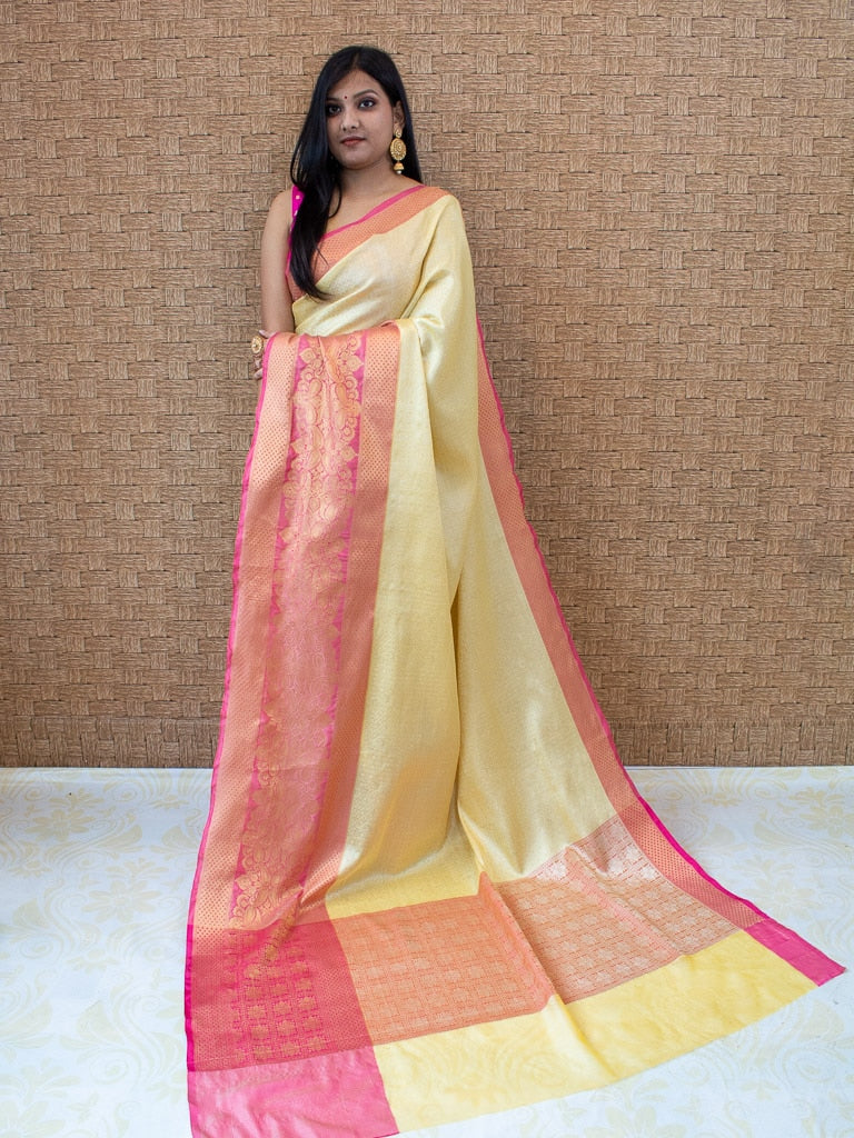 Banarasi Kora Muslin Saree With Tanchoi Weaving & Contrast Skirt Border-Beige & Pink