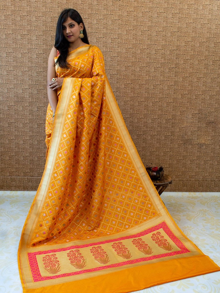 Banarasi Handloom Art Katan Silk Saree With Meena Jaal Weaving-Yellow