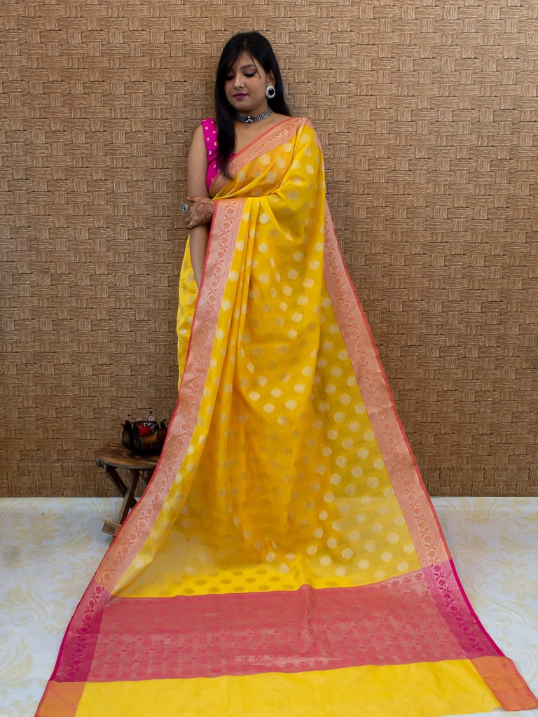 Banarasi Cotton Silk Saree Resham Floral Weaving & Contrast Border-Mustard Yellow