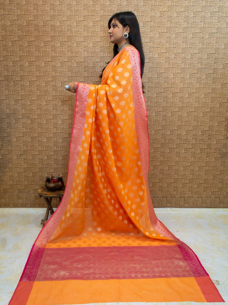 Banarasi Cotton Silk Resham Floral Weaving Saree & Contrast Border-Orange