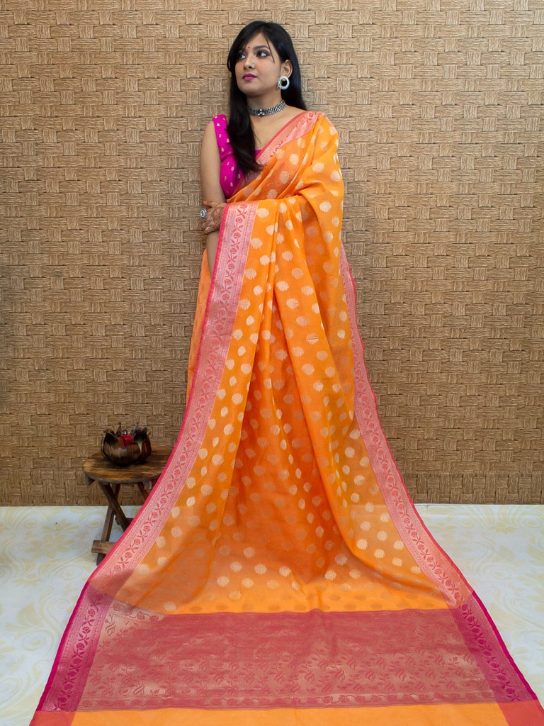 Banarasi Cotton Silk Resham Floral Weaving Saree & Contrast Border-Orange