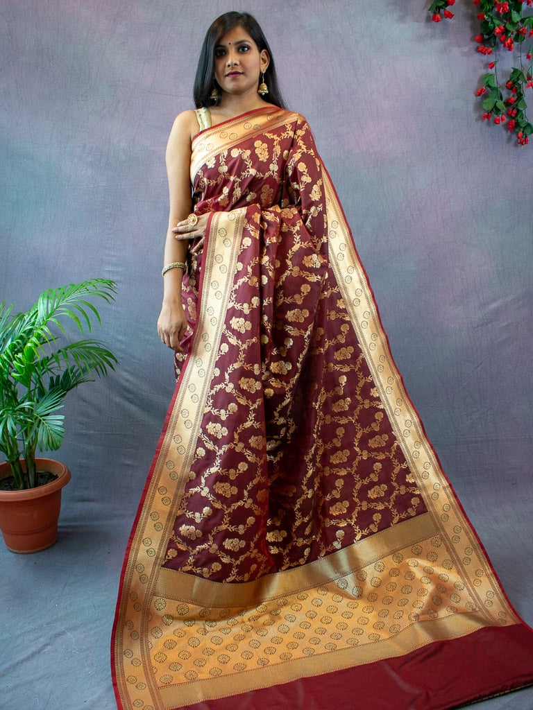 Banarasi Art Katan Silk Saree With Meena Floral Jaal Weaving-Brown