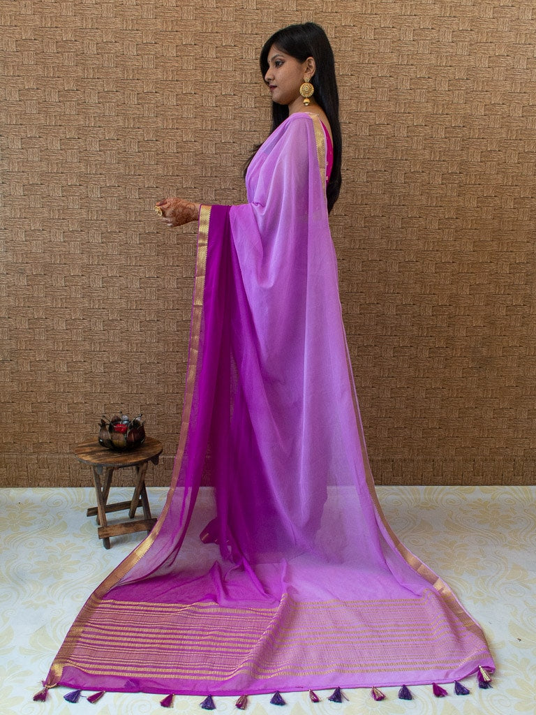 Banarasi Dual Shade Semi Chiffon Saree Gold Zari Border & Pallu-Lavender & Purple