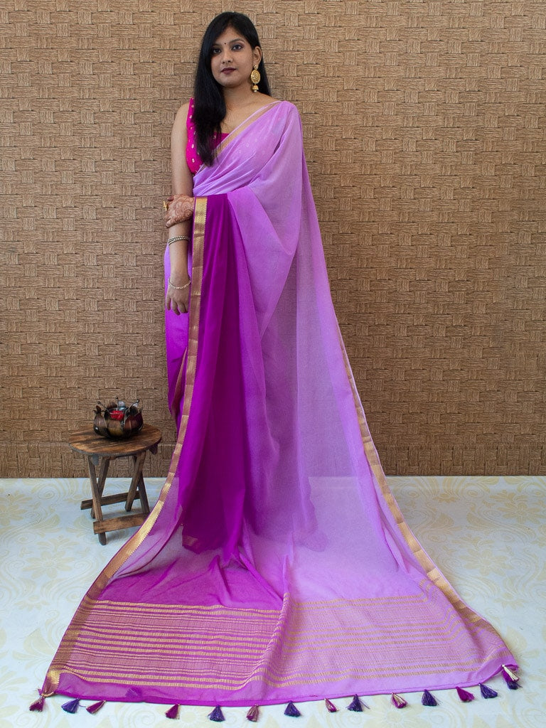 Banarasi Dual Shade Semi Chiffon Saree Gold Zari Border & Pallu-Lavender & Purple