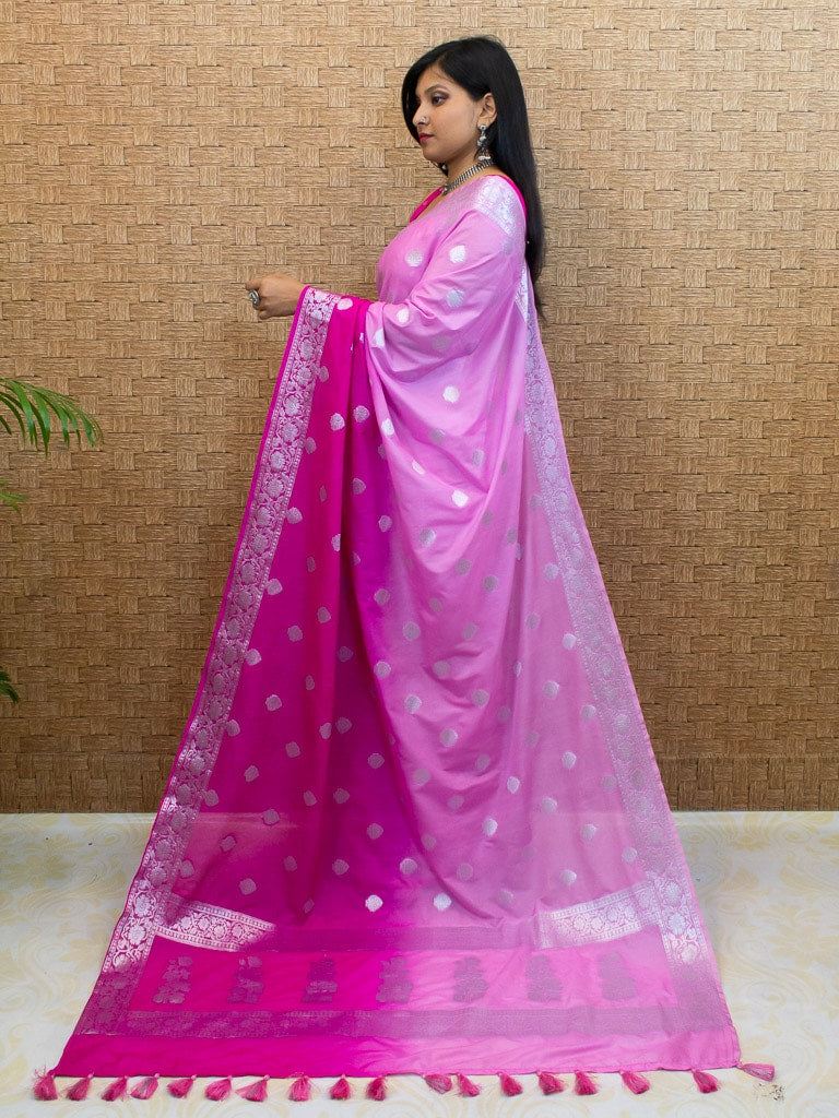 Banarasi Dual Shade Semi Chiffon Saree Silver Zari Buti Weaving-Pink