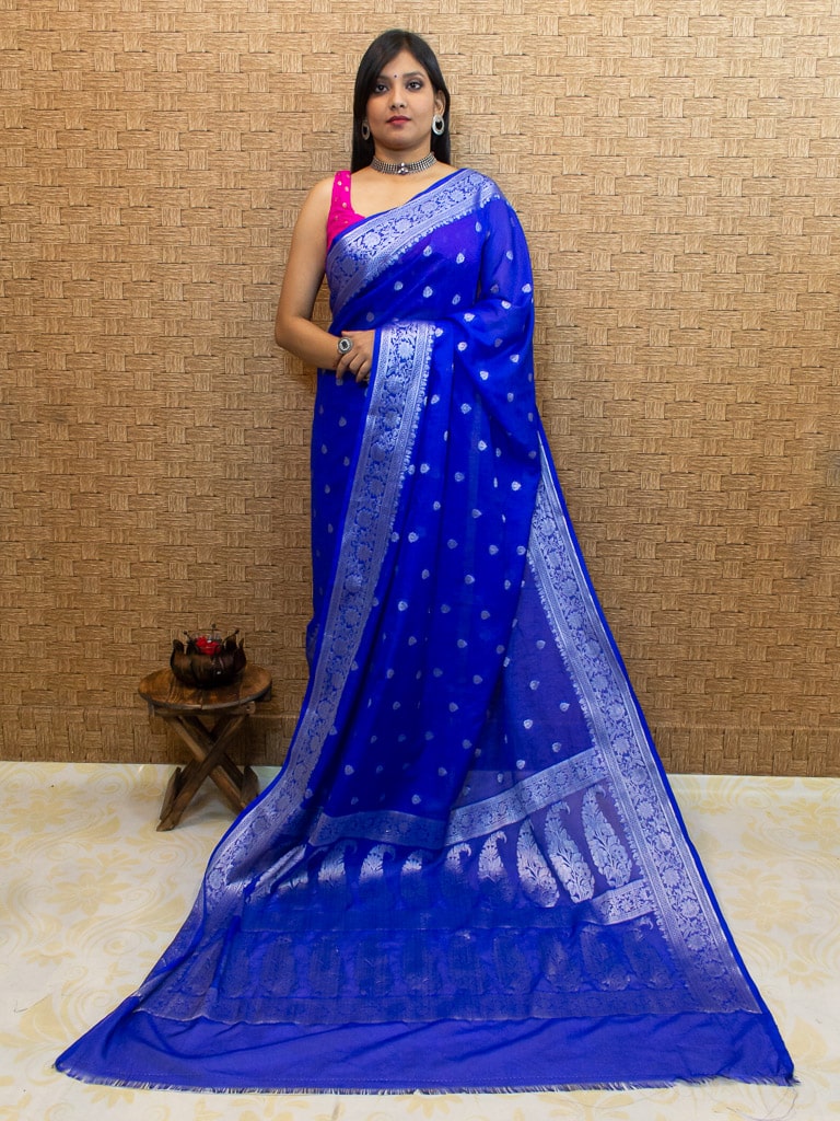 Banarasi Semi Silk Saree With Silver Zari Buti Weaving-Royal blue