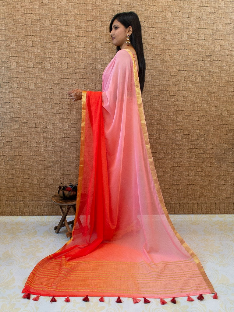 Banarasi Dual Shade Semi Chiffon Saree Gold Zari Border & Pallu-Peach & Pink