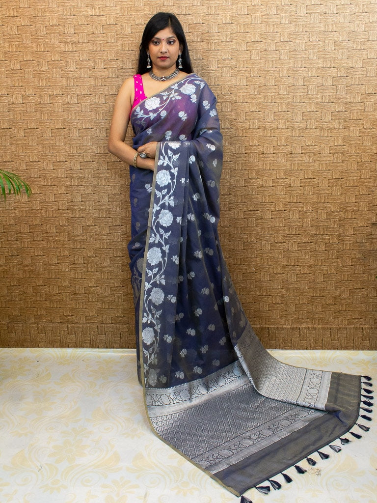 Banarasi Kora Saree With Silver Zari Buti Weaving & Floral Border-Grey