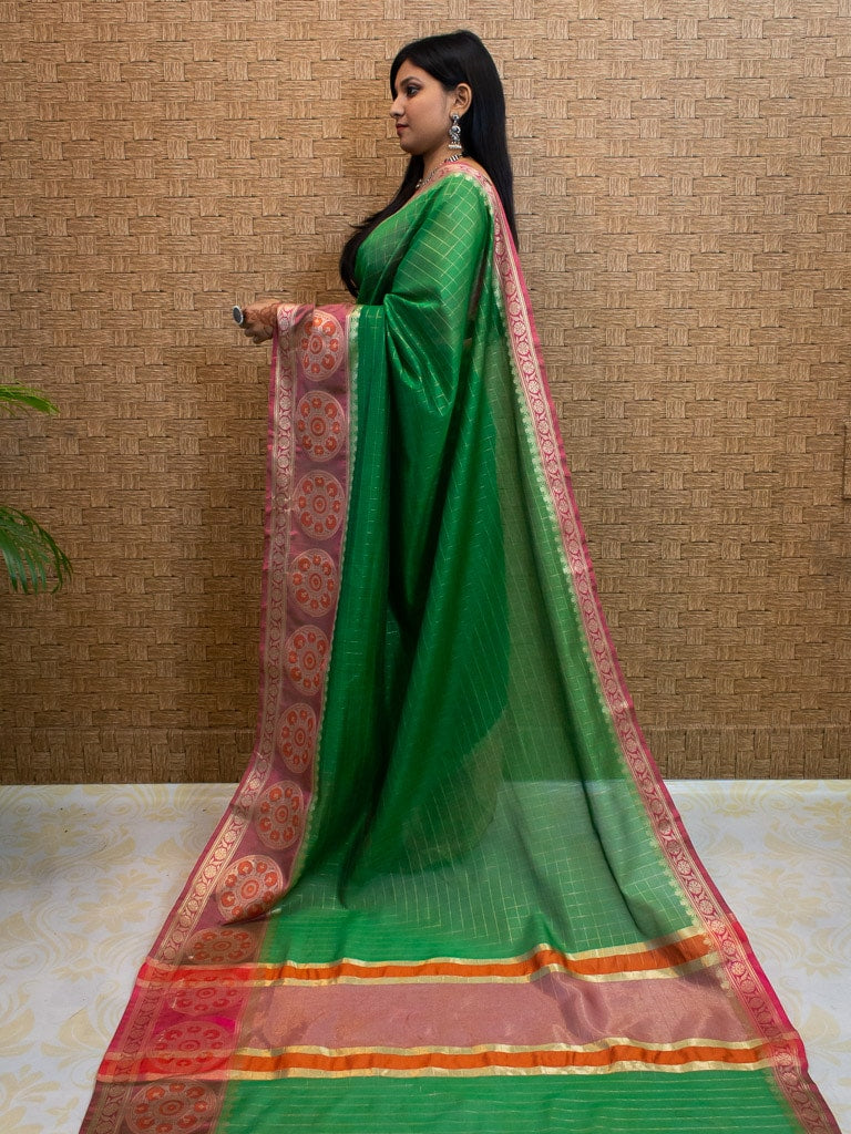 Banarasi Cotton Silk Saree Check Weaving & Contrast Buta Border-Green & Pink