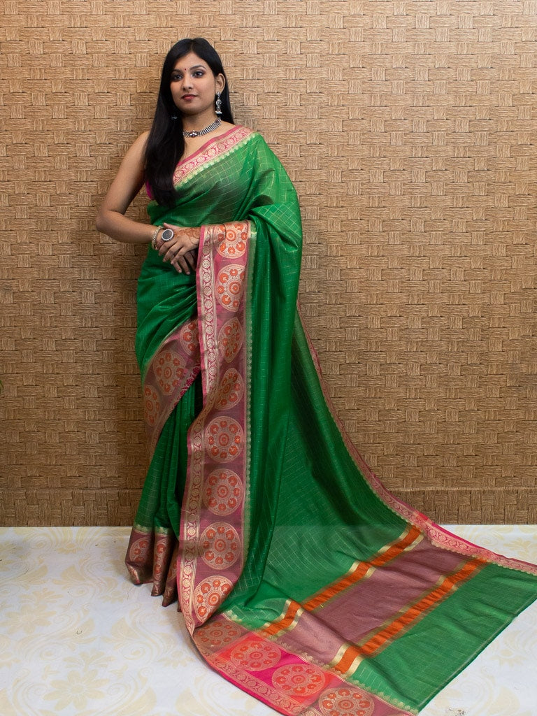 Banarasi Cotton Silk Saree Check Weaving & Contrast Buta Border-Green & Pink
