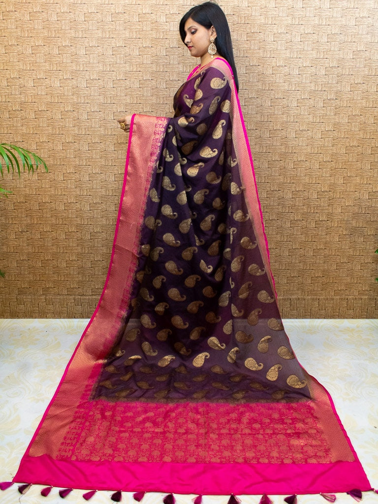 Banarasi Semi Silk Saree With Zari Paisley Weaving-Wine & Pink