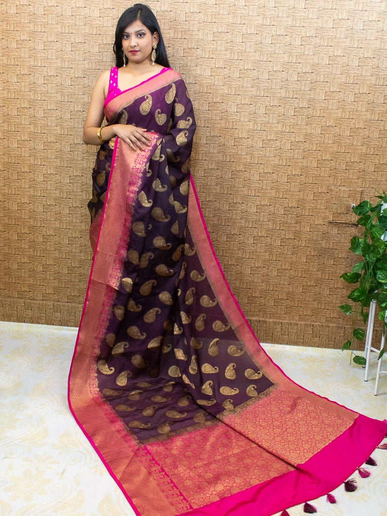 Banarasi Semi Silk Saree With Zari Paisley Weaving-Wine & Pink