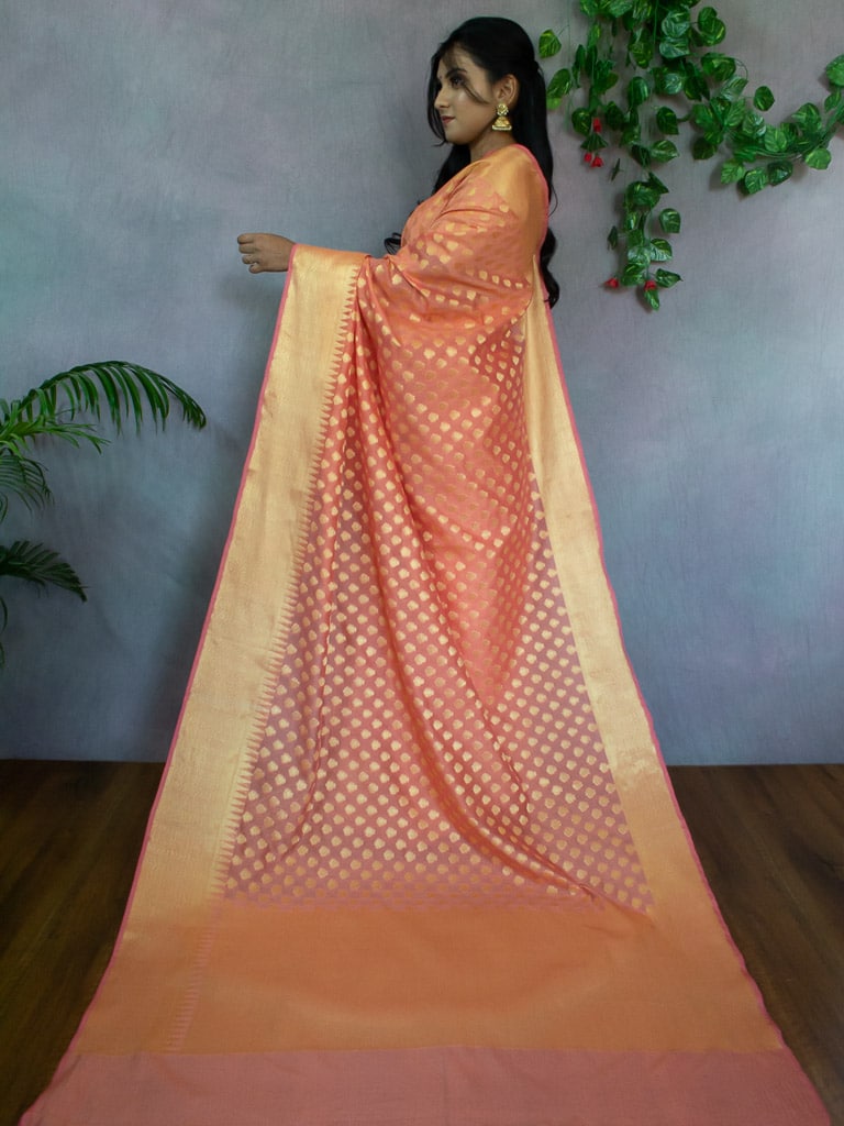Banarasi Cotton Silk Saree With Small Buti Weaving-Orange