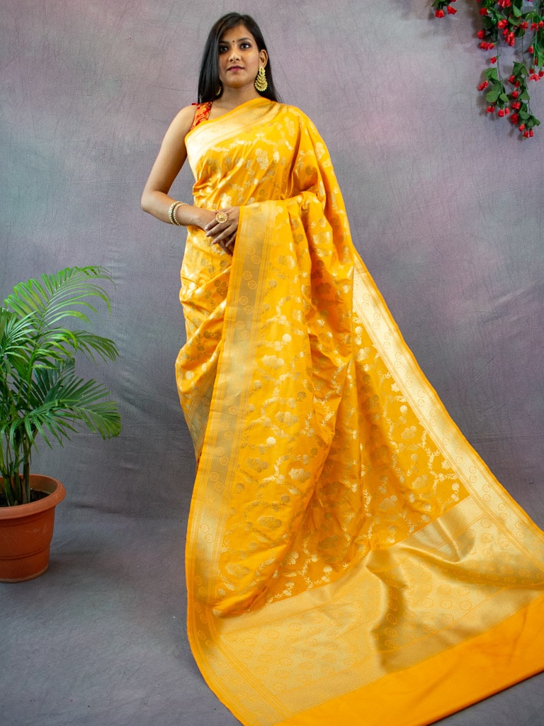 Banarasi Art Katan Silk Saree With Meena Floral Jaal Weaving-Yellow
