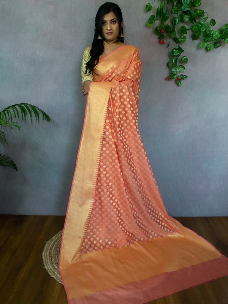 Banarasi Cotton Silk Saree With Small Buti Weaving-Orange
