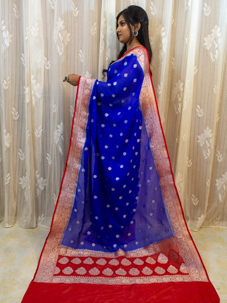 Banarasi Dual Tone Semi Chiffon Saree Silver Zari Buti Weaving