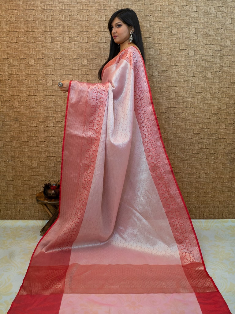 Banarasi Kora Muslin Saree With Tanchoi Weaving Contrast Border-Pastel Pink