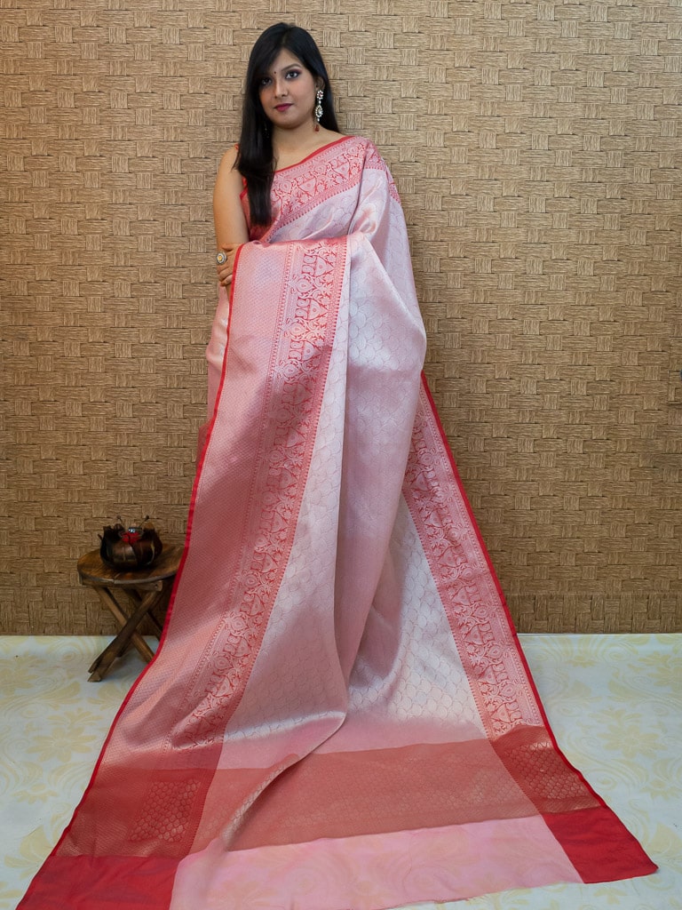 Banarasi Kora Muslin Saree With Tanchoi Weaving Contrast Border-Pastel Pink