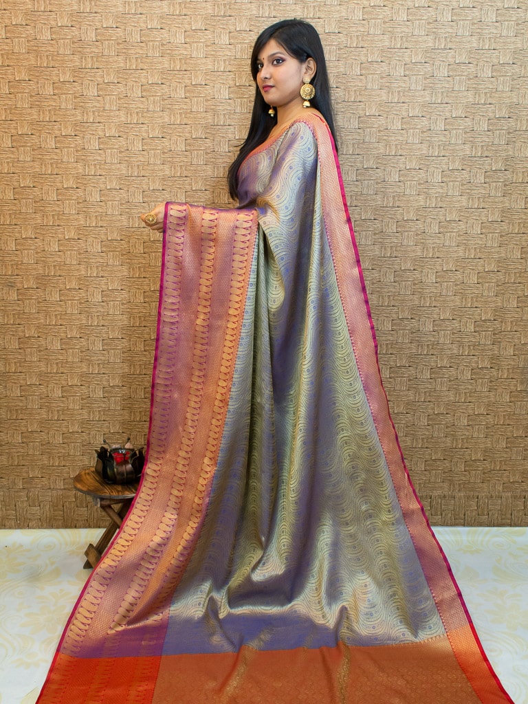 Banarasi Kora Muslin Saree With Tanchoi Weaving Contrast Border-Metallic Grey