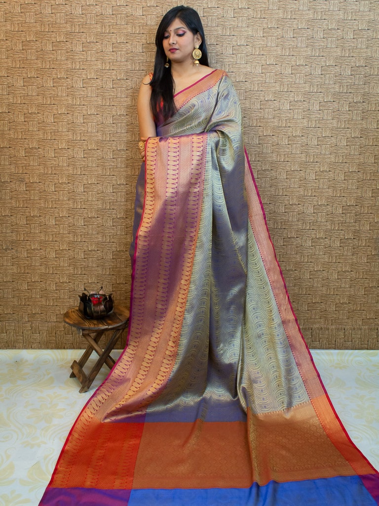 Banarasi Kora Muslin Saree With Tanchoi Weaving Contrast Border-Metallic Grey