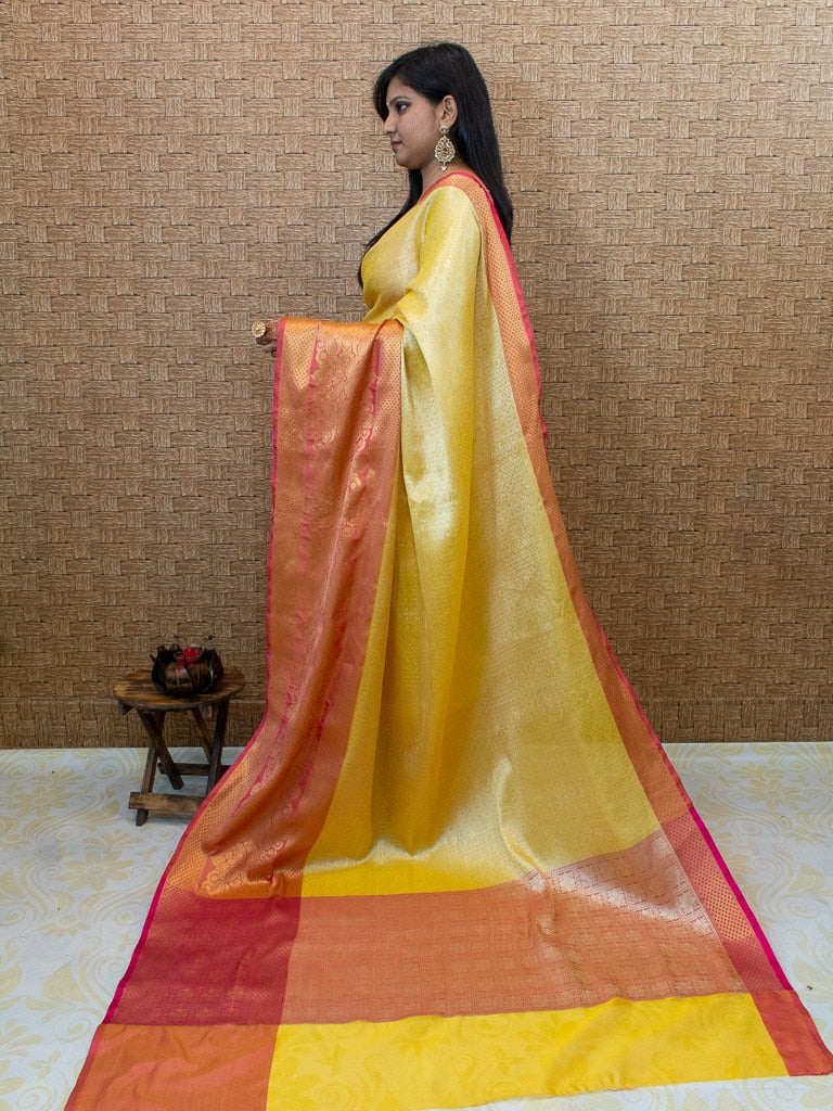Banarasi Kora Muslin Saree With Tanchoi Weaving & Contrast Skirt Border-Yellow & Pink