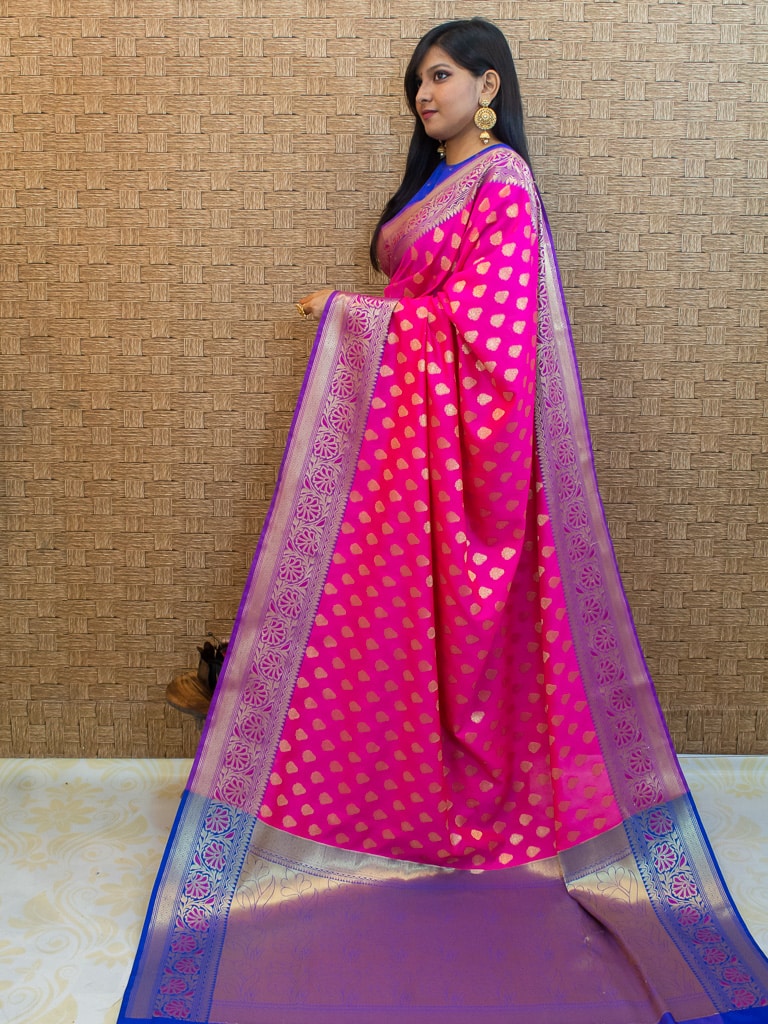 Banarasi Semi Silk Saree With Contrast Zari Buti Weaving Border-Pink