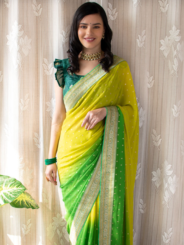 Dual Shade Semi Chiffon Gold Printed Saree With Zari Border-Green