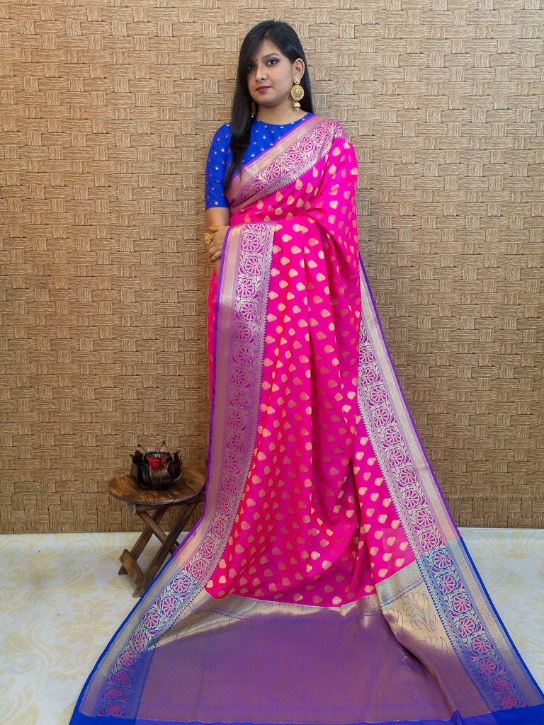 Banarasi Semi Silk Saree With Contrast Zari Buti Weaving Border-Pink