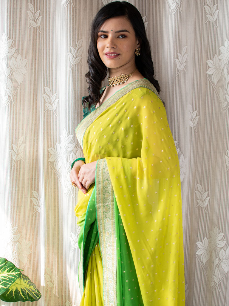 Dual Shade Semi Chiffon Gold Printed Saree With Zari Border-Green