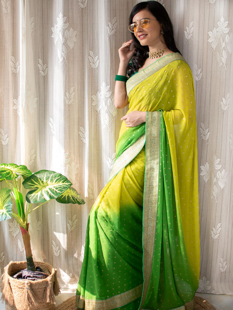 Dual Shade Semi Chiffon Gold Printed Saree With Zari Border-Green