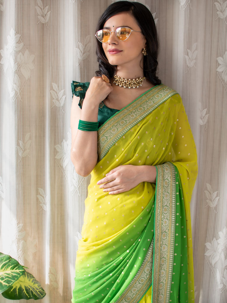 Dual Shade Semi Chiffon Gold Printed Saree With Zari Border-Green