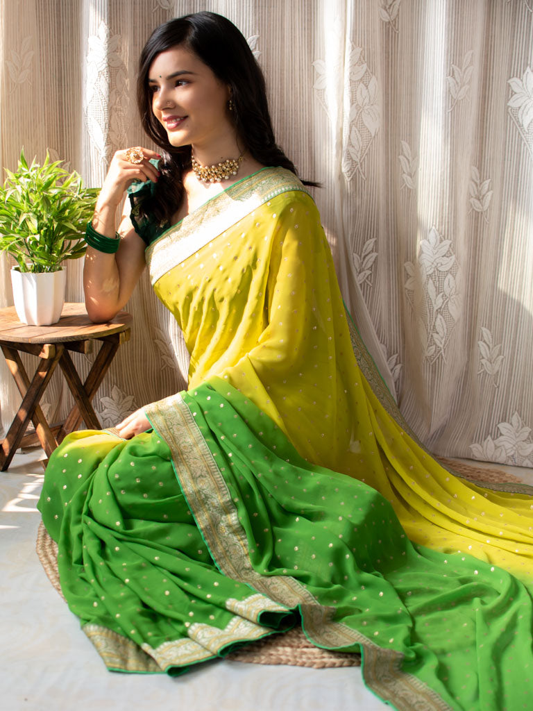 Dual Shade Semi Chiffon Gold Printed Saree With Zari Border-Green