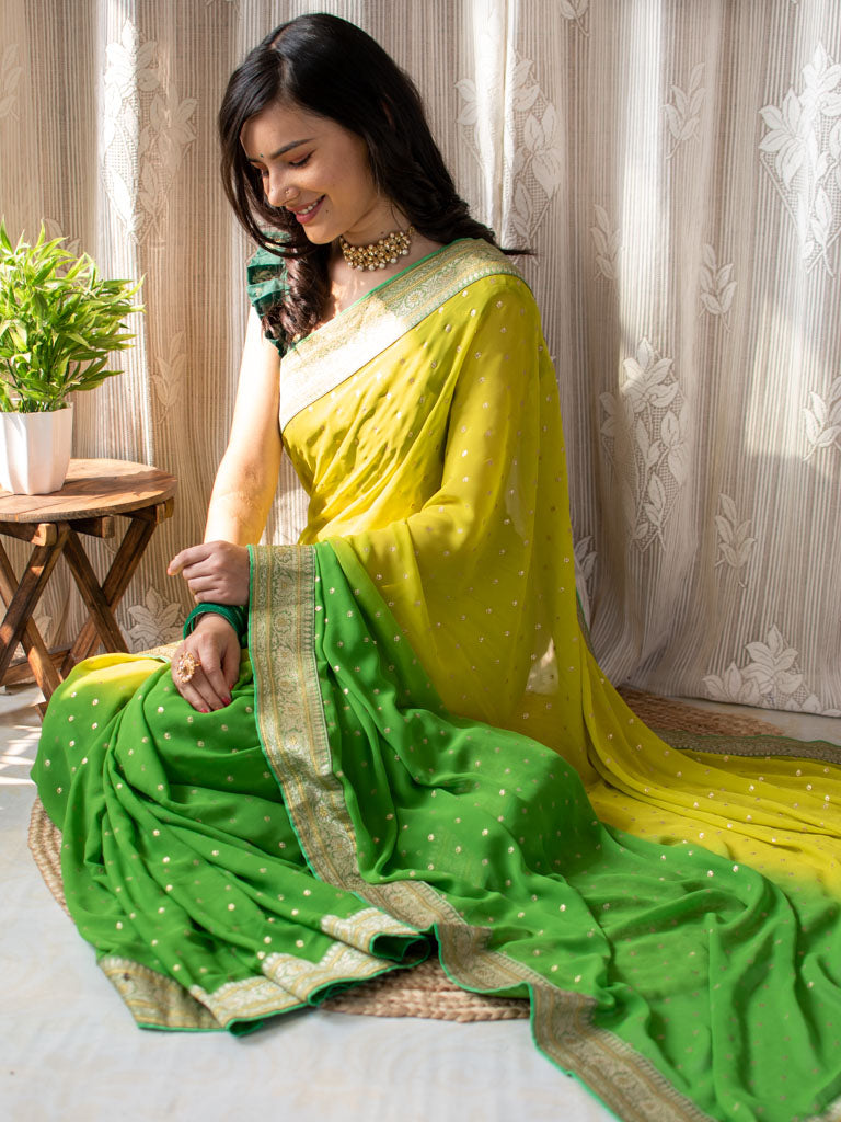 Dual Shade Semi Chiffon Gold Printed Saree With Zari Border-Green