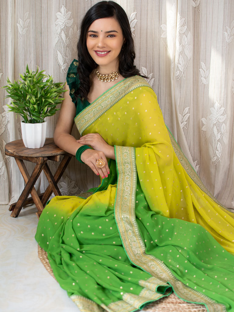 Dual Shade Semi Chiffon Gold Printed Saree With Zari Border-Green