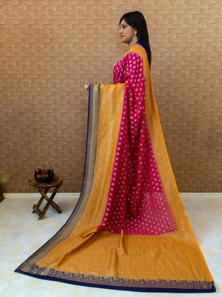 Banarasi Pure Georgette Saree With Antique Zari Buti Weaving & Contrast Border-Pink