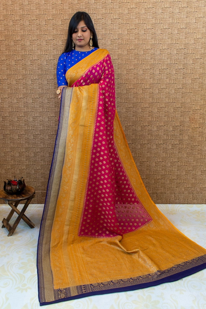 Banarasi Pure Georgette Saree With Antique Zari Buti Weaving & Contrast Border-Pink