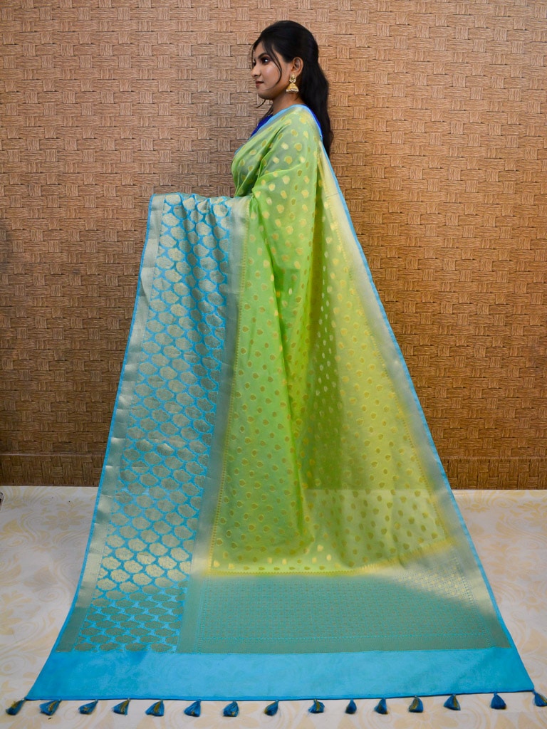 Banarasi Glossy Semi Silk Saree With Zari Weaving & Contrast Skirt Border-Green & Blue