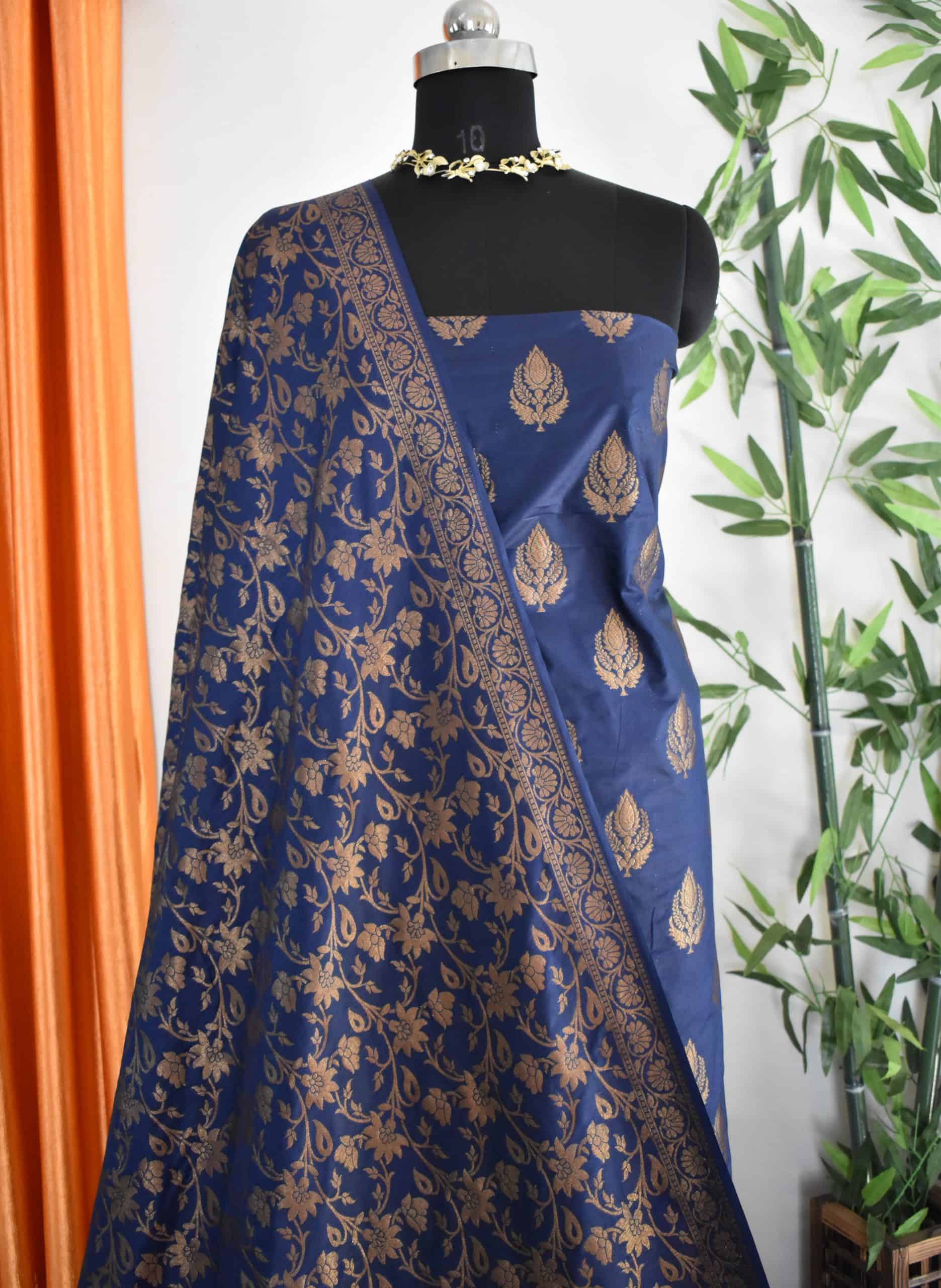 Banarasi Semi Silk Salwar Kameez Fabric With Antique Zari Weaving-Navy Blue