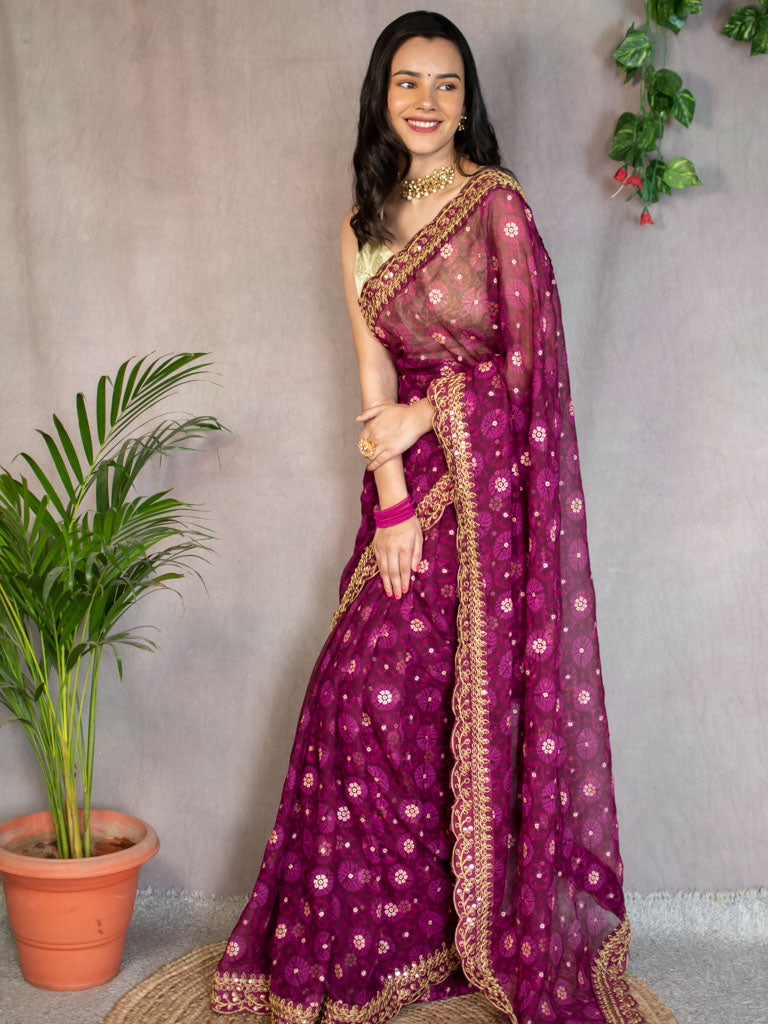 Chiffon Printed Saree With Gold Embroidered Border-Wine