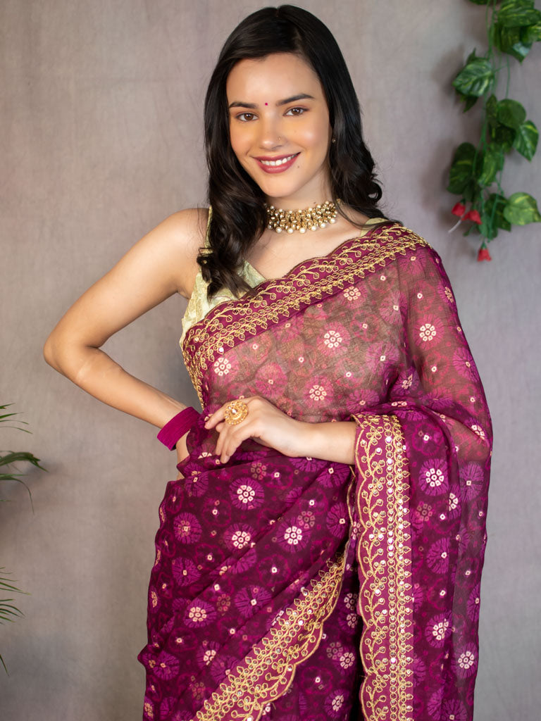 Chiffon Printed Saree With Gold Embroidered Border-Wine