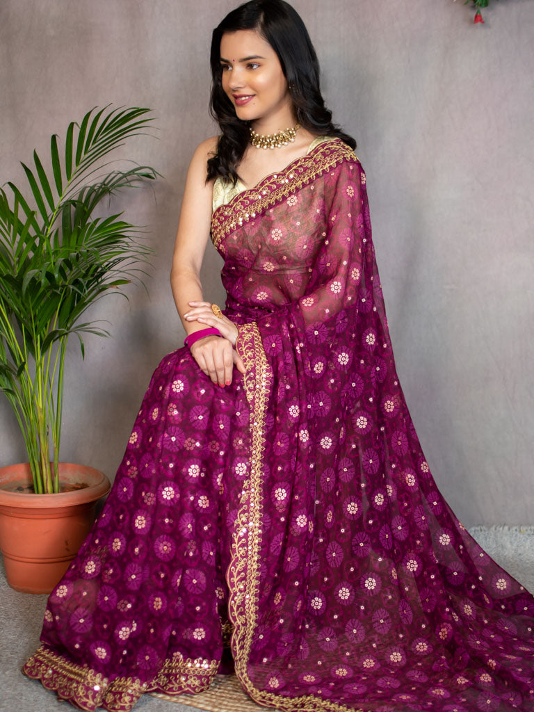 Chiffon Printed Saree With Gold Embroidered Border-Wine