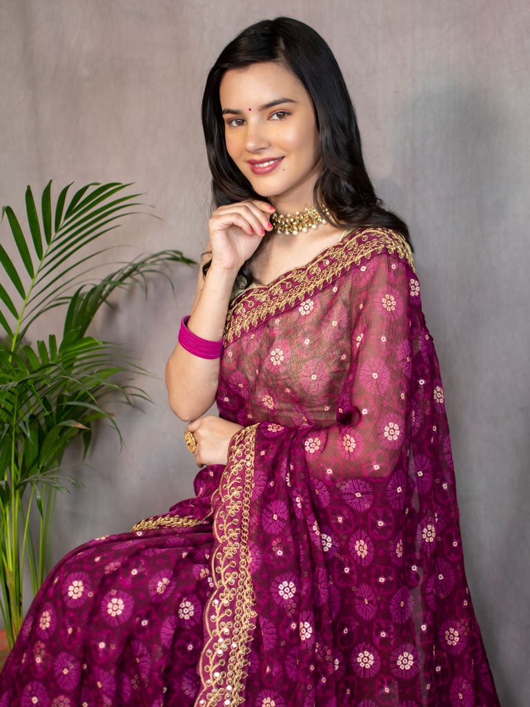 Chiffon Printed Saree With Gold Embroidered Border-Wine