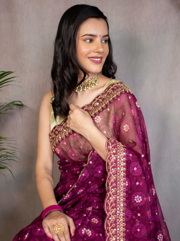 Chiffon Printed Saree With Gold Embroidered Border-Wine