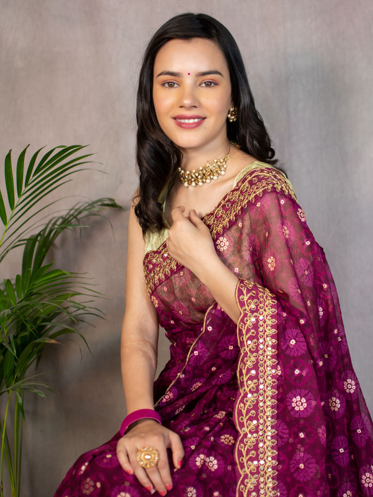 Chiffon Printed Saree With Gold Embroidered Border-Wine